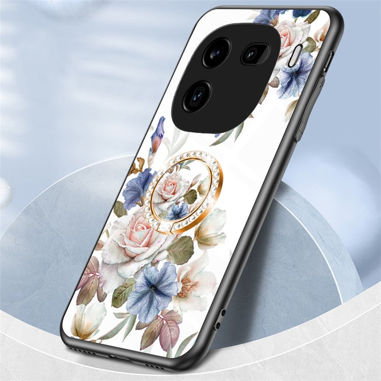 For vivo iQOO 12 Pro 5G Kickstand Case Flower Pattern Tempered Glass Back Cover - White Flower Bush