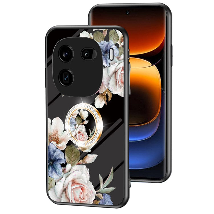 For vivo iQOO 12 Pro 5G Kickstand Case Flower Pattern Tempered Glass Back Cover - Black Flower Bush