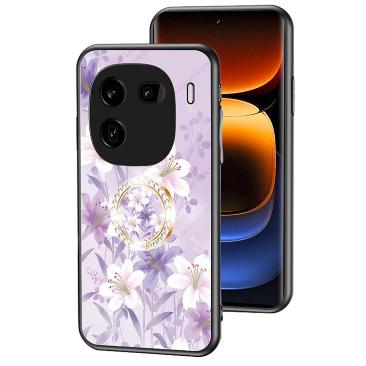 For vivo iQOO 12 Pro 5G Kickstand Case Flower Pattern Tempered Glass Back Cover - Purple Magnolia