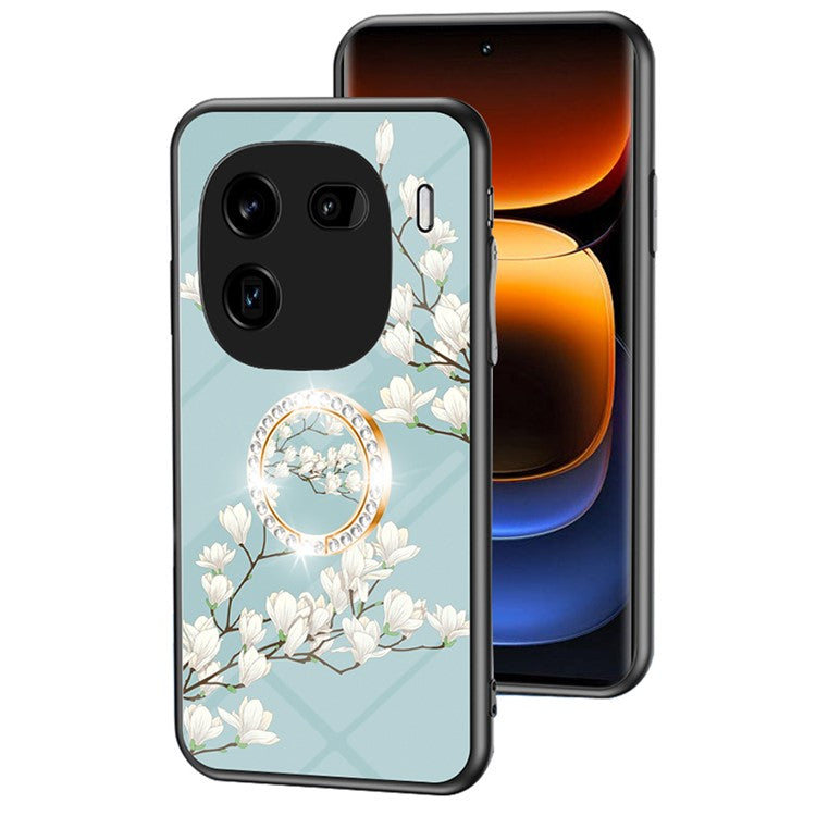 For vivo iQOO 12 Pro 5G Kickstand Case Flower Pattern Tempered Glass Back Cover - Gardenias