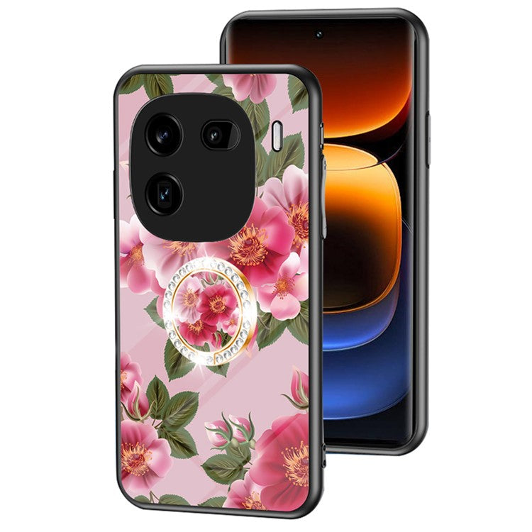 For vivo iQOO 12 Pro 5G Kickstand Case Flower Pattern Tempered Glass Back Cover - Glamorous Peony