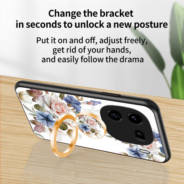 For vivo iQOO 12 Pro 5G Kickstand Case Flower Pattern Tempered Glass Back Cover - Glamorous Peony