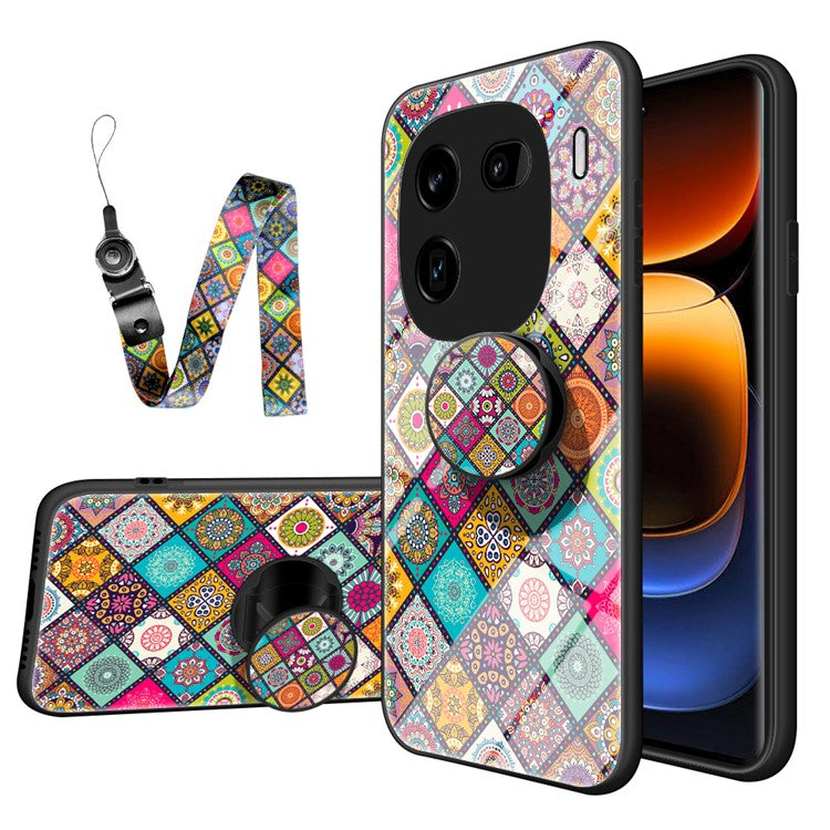 For vivo iQOO 12 Pro 5G Phone Case Tempered Glass+PC+TPU Cover Flower Pattern - Checkered Pattern