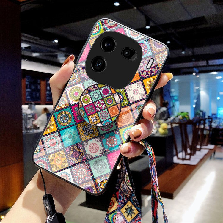 For vivo iQOO 12 Pro 5G Phone Case Tempered Glass+PC+TPU Cover Flower Pattern - Checkered Pattern