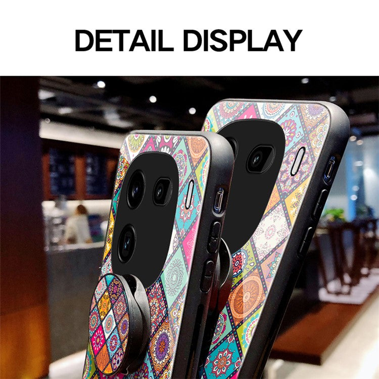 For vivo iQOO 12 Pro 5G Phone Case Tempered Glass+PC+TPU Cover Flower Pattern - Checkered Pattern