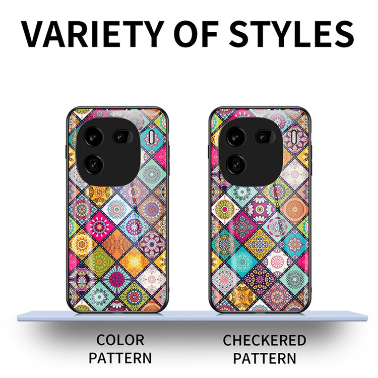 For vivo iQOO 12 Pro 5G Phone Case Tempered Glass+PC+TPU Cover Flower Pattern - Checkered Pattern