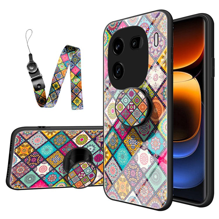 For vivo iQOO 12 5G Kickstand Case Tempered Glass+PC+TPU Cover with Lanyard - Checkered Pattern