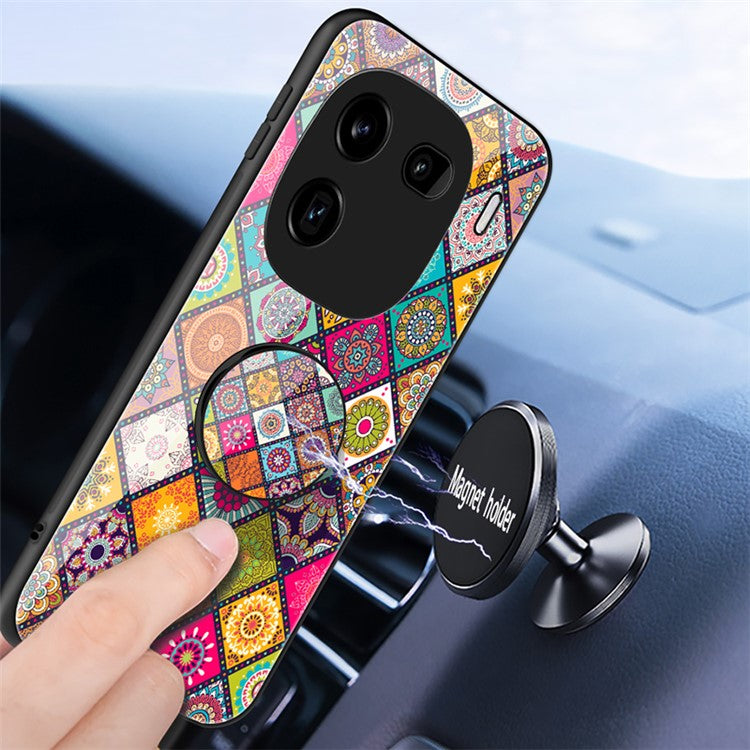 For vivo iQOO 12 5G Kickstand Case Tempered Glass+PC+TPU Cover with Lanyard - Checkered Pattern