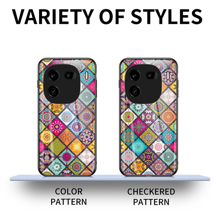 For vivo iQOO 12 5G Kickstand Case Tempered Glass+PC+TPU Cover with Lanyard - Checkered Pattern