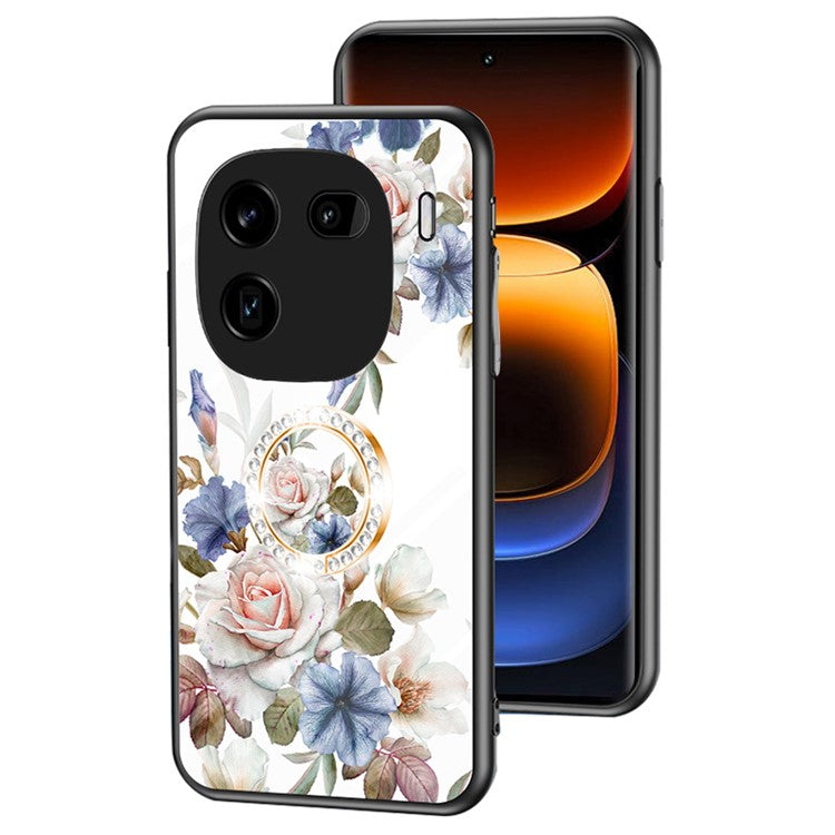 For vivo iQOO 12 5G Tempered Glass Phone Case Kickstand Cover Flower Pattern - White Flower Bush