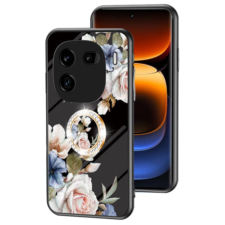 For vivo iQOO 12 5G Tempered Glass Phone Case Kickstand Cover Flower Pattern - Black Flower Bush