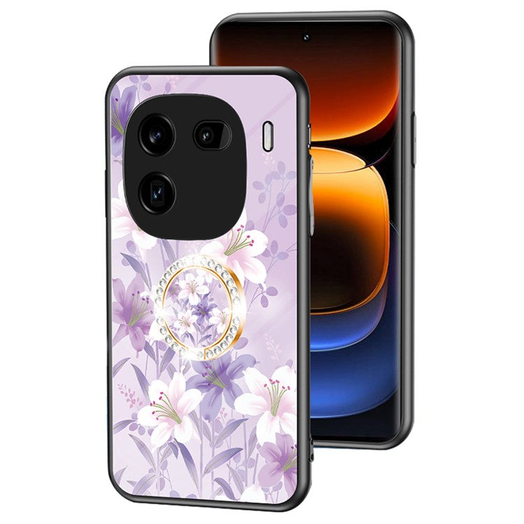 For vivo iQOO 12 5G Tempered Glass Phone Case Kickstand Cover Flower Pattern - Purple Magnolia