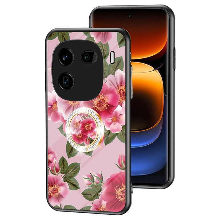 For vivo iQOO 12 5G Tempered Glass Phone Case Kickstand Cover Flower Pattern - Glamorous Peony