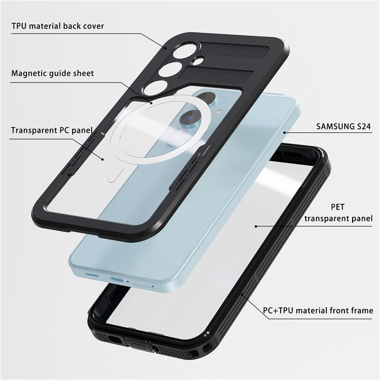 REDPEPPER For Samsung Galaxy S24 IP68 Waterproof Magnetic Case Clear Phone Cover - Black