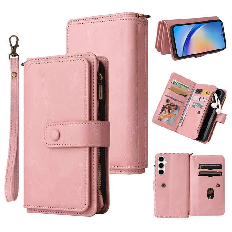 KT Multi-Functional Series-2 For Samsung Galaxy A35 5G Case Card Slots Leather Cover with Hand Strap - Pink