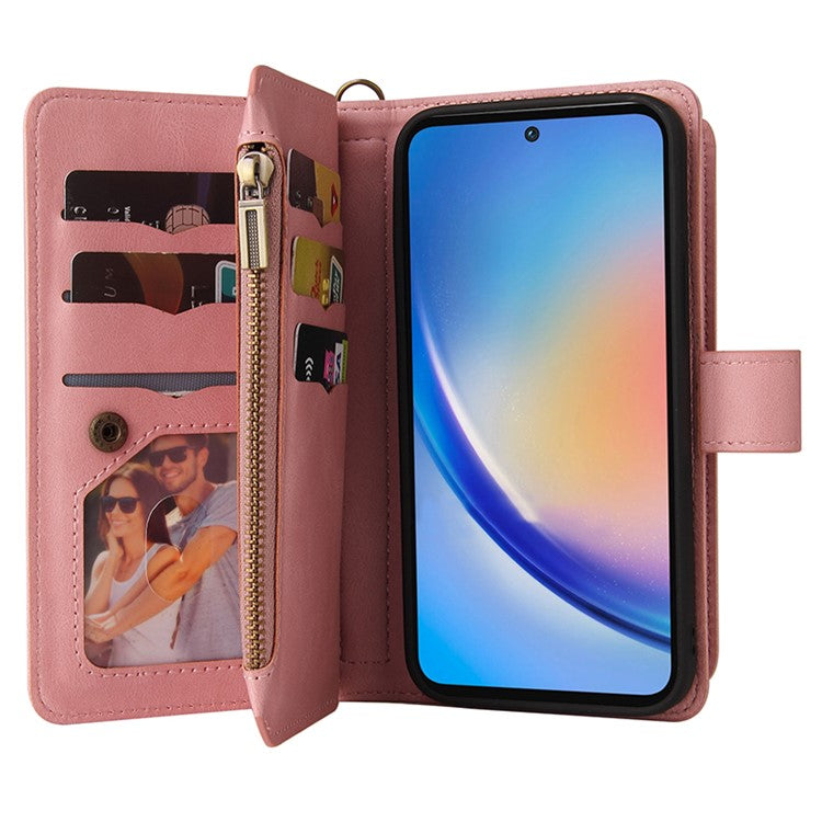 KT Multi-Functional Series-2 For Samsung Galaxy A35 5G Case Card Slots Leather Cover with Hand Strap - Pink