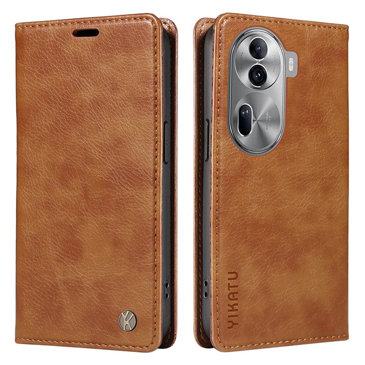 YIKATU YK-006 For Oppo Reno11 5G (Global) Cell Phone Case Litchi Texture PU Leather Stand Wallet Cover - Brown