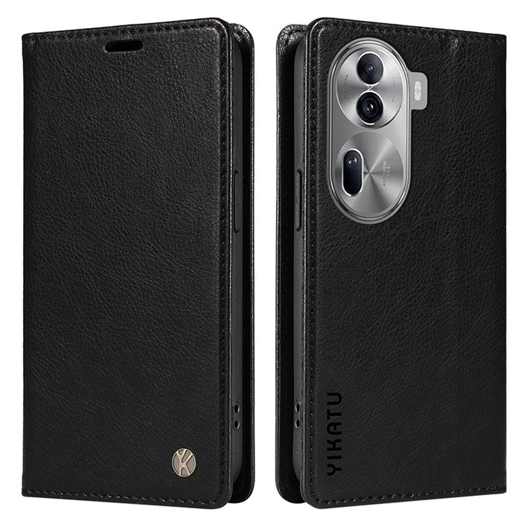 YIKATU YK-006 For Oppo Reno11 5G (Global) Cell Phone Case Litchi Texture PU Leather Stand Wallet Cover - Black