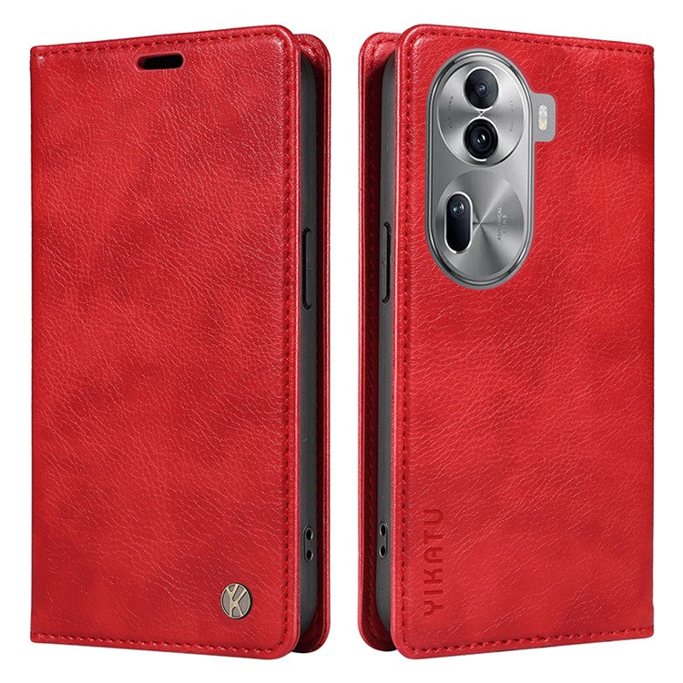 YIKATU YK-006 For Oppo Reno11 5G (Global) Cell Phone Case Litchi Texture PU Leather Stand Wallet Cover - Red