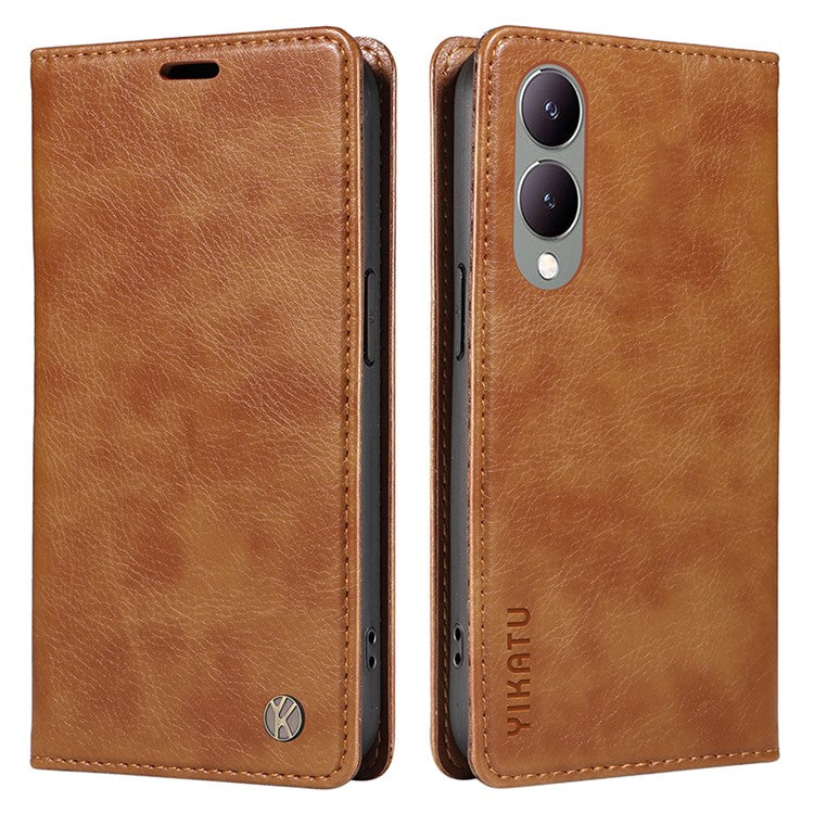 YIKATU YK-006 For vivo Y17s 4G Cell Phone Case PU Leather+TPU Litchi Texture Anti-drop Wallet Cover - Brown