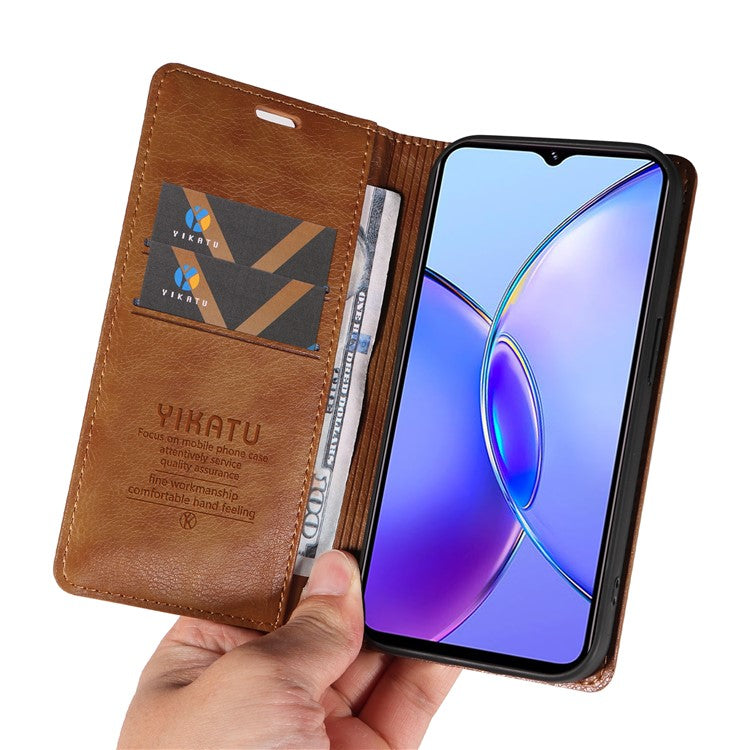 YIKATU YK-006 For vivo Y17s 4G Cell Phone Case PU Leather+TPU Litchi Texture Anti-drop Wallet Cover - Brown