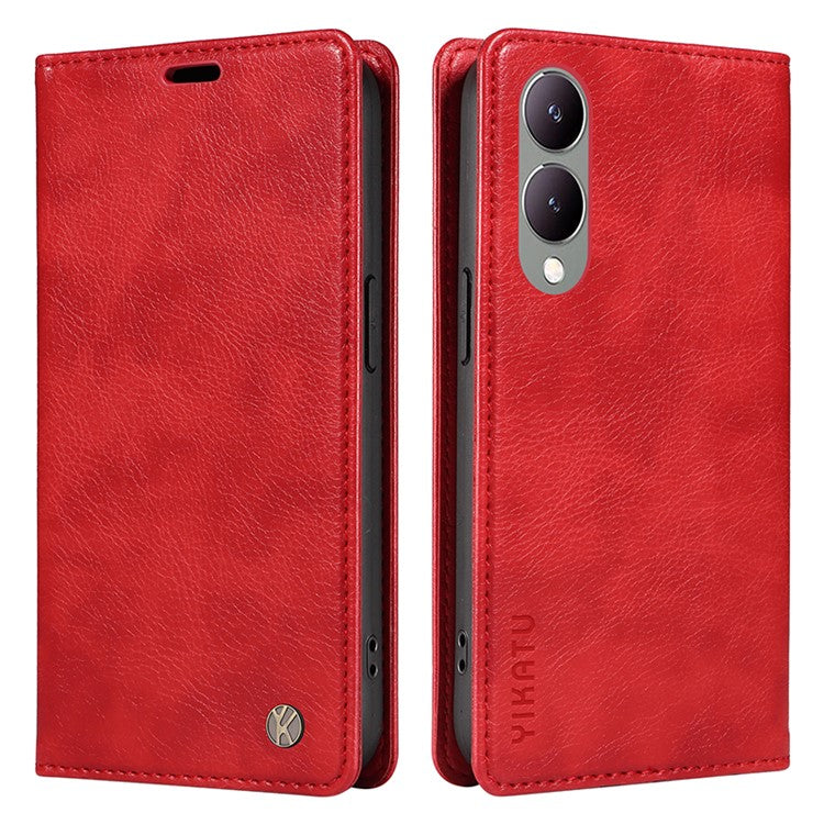 YIKATU YK-006 For vivo Y17s 4G Cell Phone Case PU Leather+TPU Litchi Texture Anti-drop Wallet Cover - Red