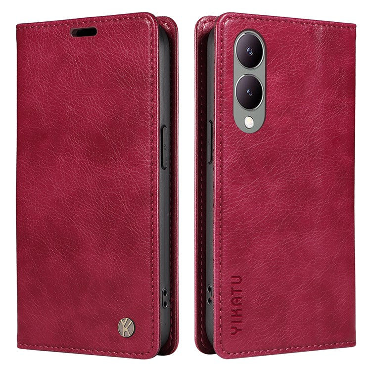 YIKATU YK-006 For vivo Y17s 4G Cell Phone Case PU Leather+TPU Litchi Texture Anti-drop Wallet Cover - Wine Red