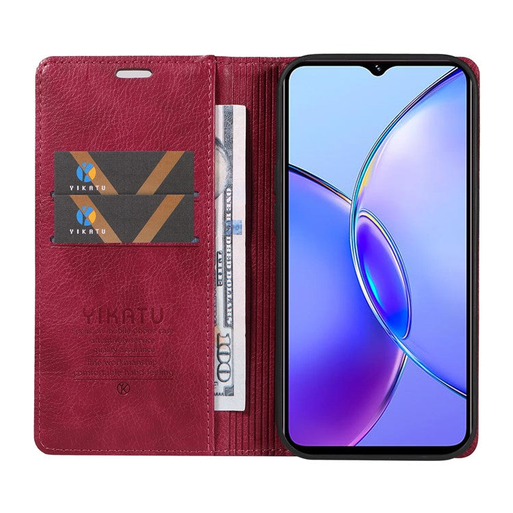 YIKATU YK-006 For vivo Y17s 4G Cell Phone Case PU Leather+TPU Litchi Texture Anti-drop Wallet Cover - Wine Red