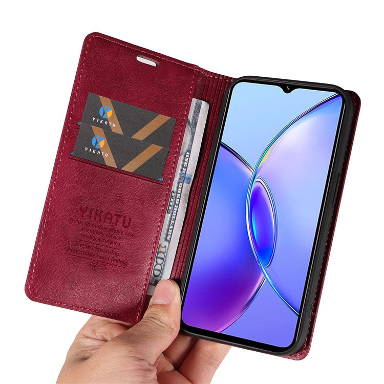 YIKATU YK-006 For vivo Y17s 4G Cell Phone Case PU Leather+TPU Litchi Texture Anti-drop Wallet Cover - Wine Red