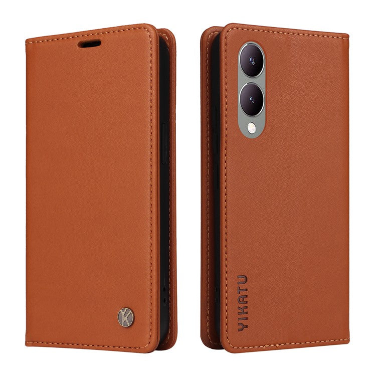 YIKATU YK-001 For vivo Y17s 4G Magnetic Case Leather Wallet Card Slots Phone Cover - Brown