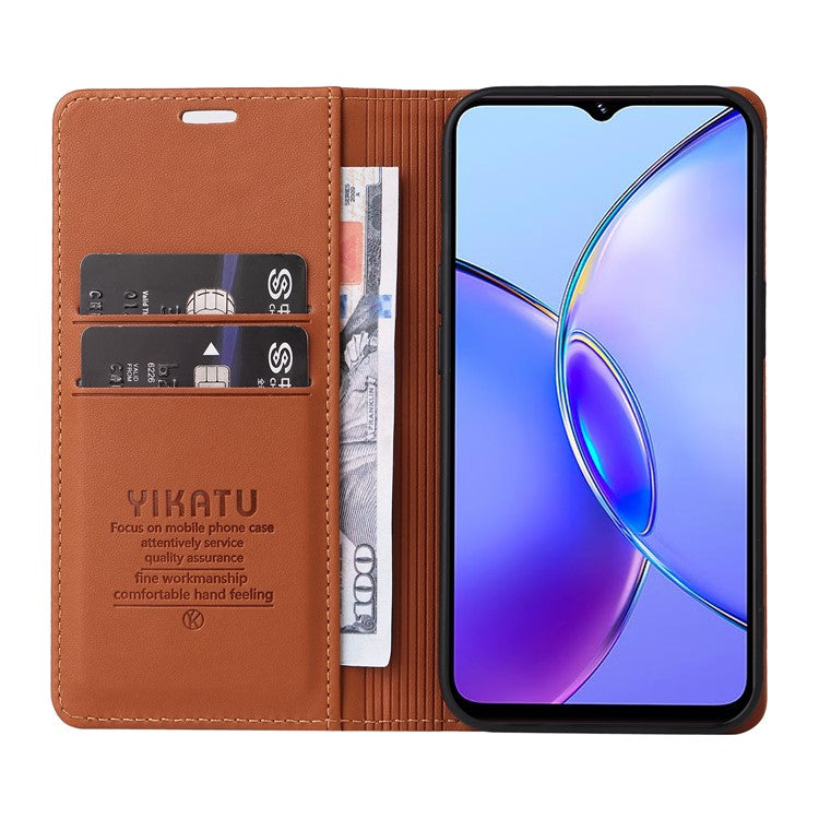 YIKATU YK-001 For vivo Y17s 4G Magnetic Case Leather Wallet Card Slots Phone Cover - Brown