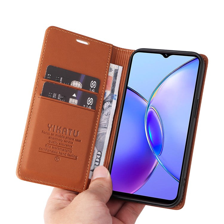 YIKATU YK-001 For vivo Y17s 4G Magnetic Case Leather Wallet Card Slots Phone Cover - Brown