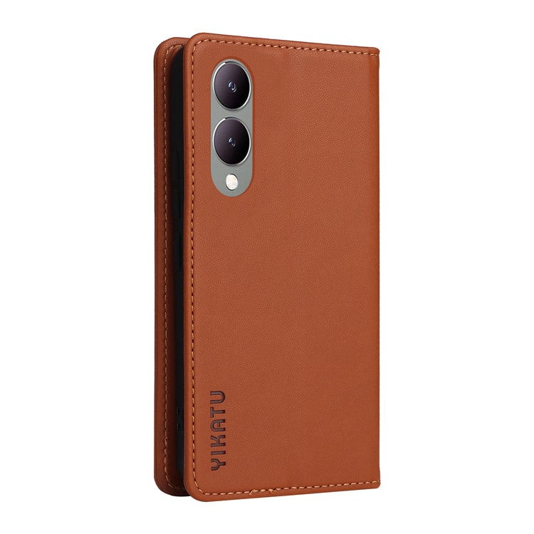 YIKATU YK-001 For vivo Y17s 4G Magnetic Case Leather Wallet Card Slots Phone Cover - Brown