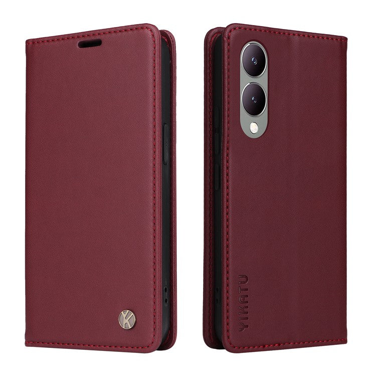 YIKATU YK-001 For vivo Y17s 4G Magnetic Case Leather Wallet Card Slots Phone Cover - Wine Red