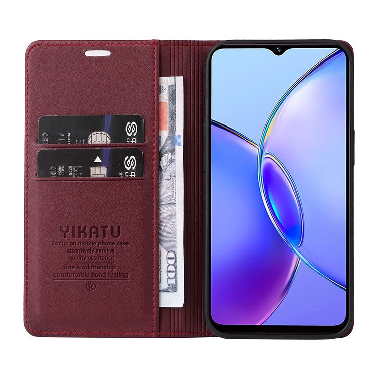 YIKATU YK-001 For vivo Y17s 4G Magnetic Case Leather Wallet Card Slots Phone Cover - Wine Red