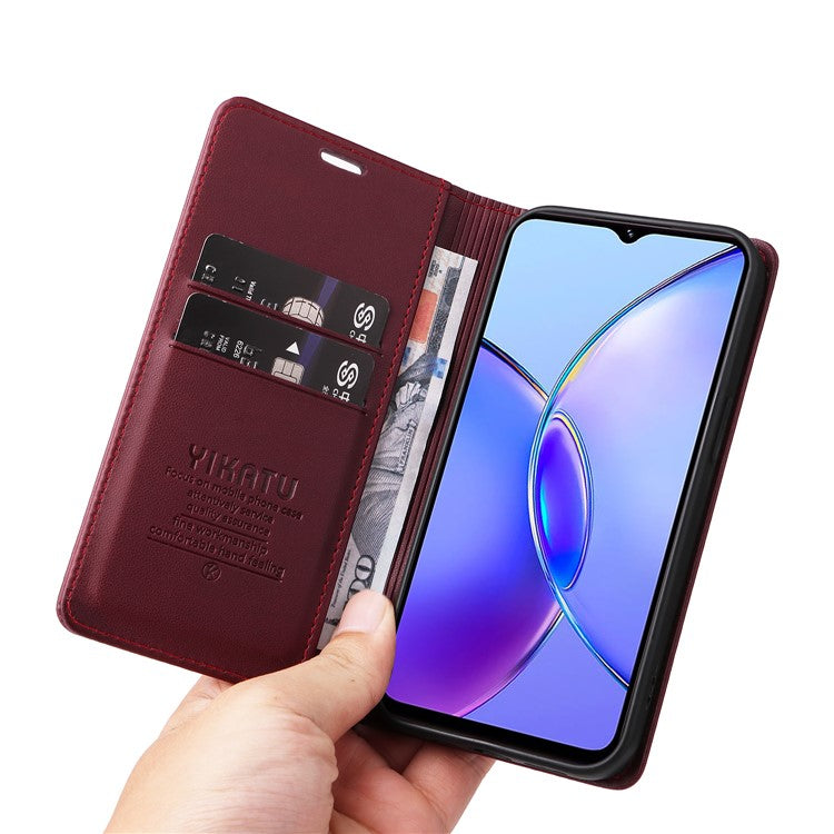 YIKATU YK-001 For vivo Y17s 4G Magnetic Case Leather Wallet Card Slots Phone Cover - Wine Red