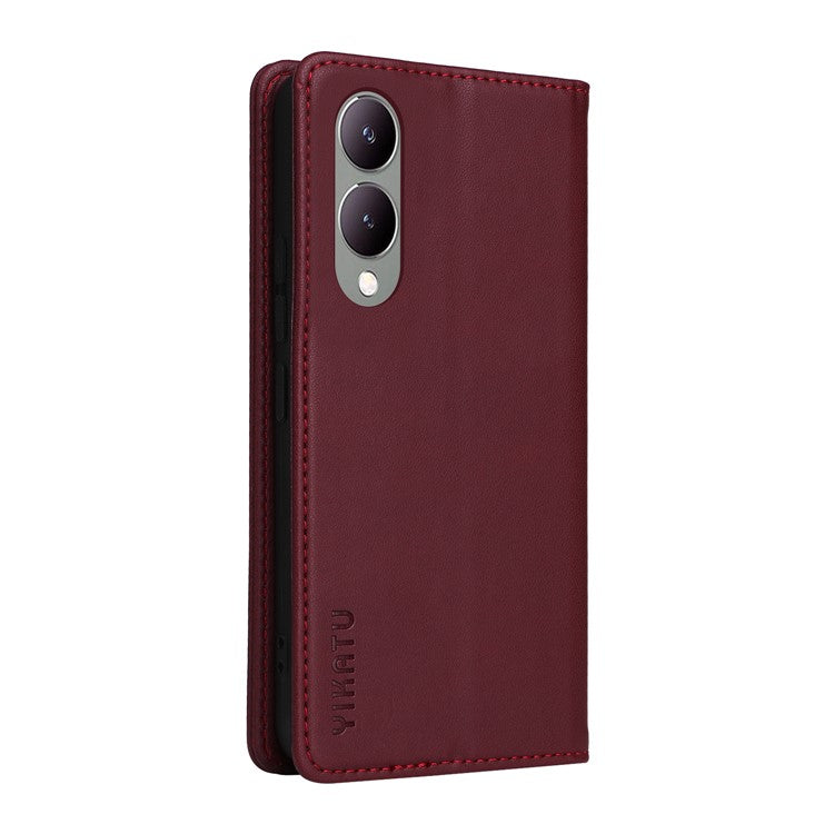 YIKATU YK-001 For vivo Y17s 4G Magnetic Case Leather Wallet Card Slots Phone Cover - Wine Red