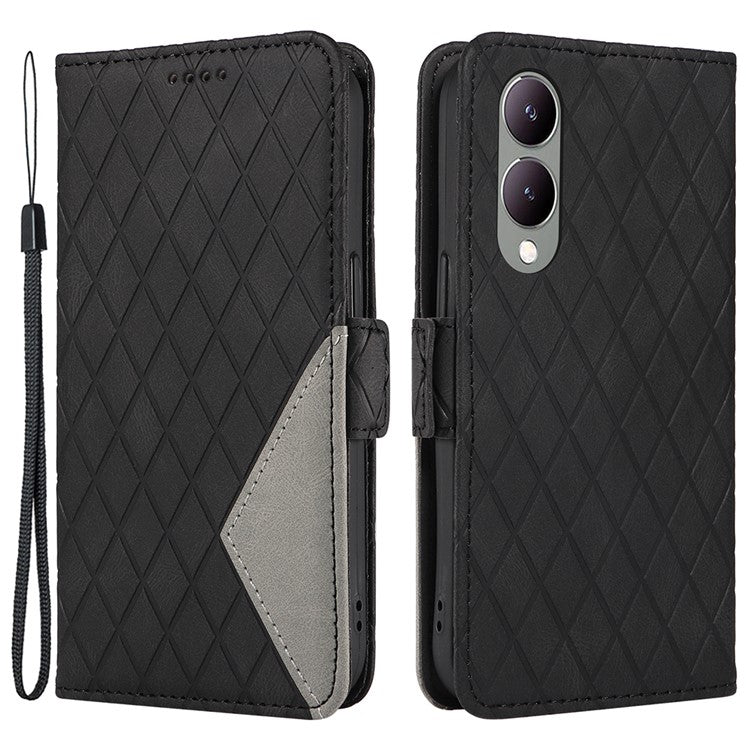 For vivo Y17s 4G Leather Case Rhombus Imprinted Card Slots Phone Cover - Black