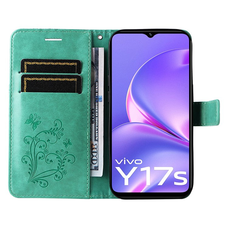 KT Imprinting Flower Series-2 For vivo Y17s 4G Leather Case Wallet Cover Butterfly Pattern - Green