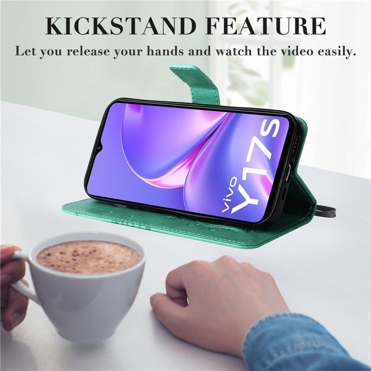 KT Imprinting Flower Series-2 For vivo Y17s 4G Leather Case Wallet Cover Butterfly Pattern - Green