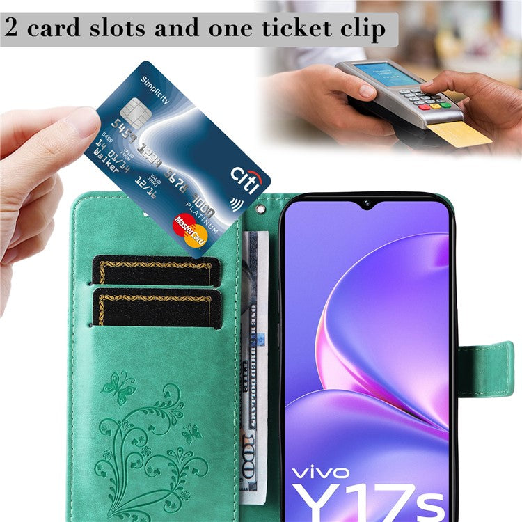 KT Imprinting Flower Series-2 For vivo Y17s 4G Leather Case Wallet Cover Butterfly Pattern - Green