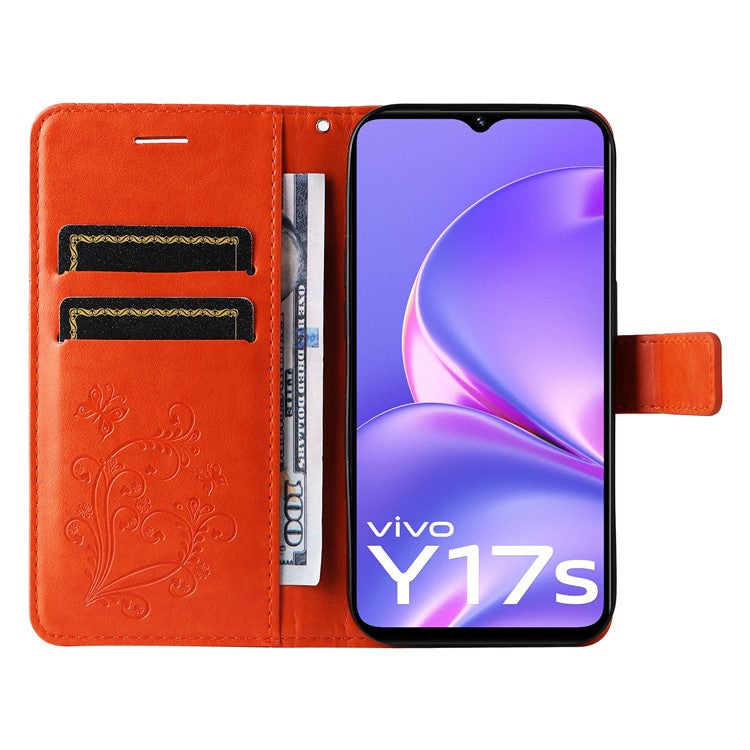 KT Imprinting Flower Series-2 For vivo Y17s 4G Leather Case Wallet Cover Butterfly Pattern - Orange