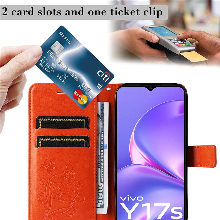 KT Imprinting Flower Series-2 For vivo Y17s 4G Leather Case Wallet Cover Butterfly Pattern - Orange