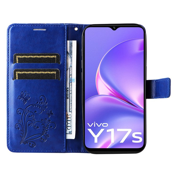 KT Imprinting Flower Series-2 For vivo Y17s 4G Leather Case Wallet Cover Butterfly Pattern - Blue