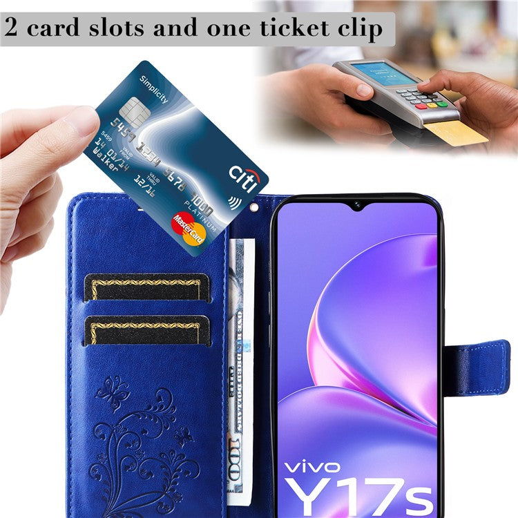 KT Imprinting Flower Series-2 For vivo Y17s 4G Leather Case Wallet Cover Butterfly Pattern - Blue