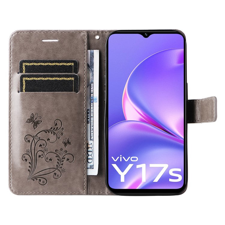 KT Imprinting Flower Series-2 For vivo Y17s 4G Leather Case Wallet Cover Butterfly Pattern - Grey