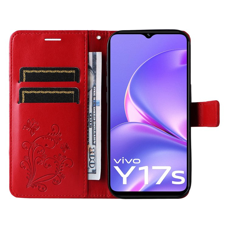 KT Imprinting Flower Series-2 For vivo Y17s 4G Leather Case Wallet Cover Butterfly Pattern - Red