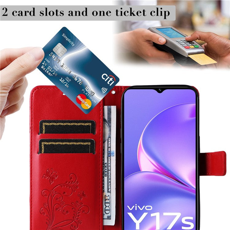 KT Imprinting Flower Series-2 For vivo Y17s 4G Leather Case Wallet Cover Butterfly Pattern - Red