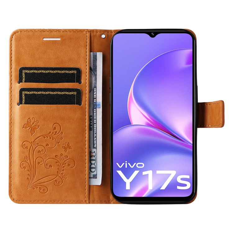 KT Imprinting Flower Series-2 For vivo Y17s 4G Leather Case Wallet Cover Butterfly Pattern - Yellow