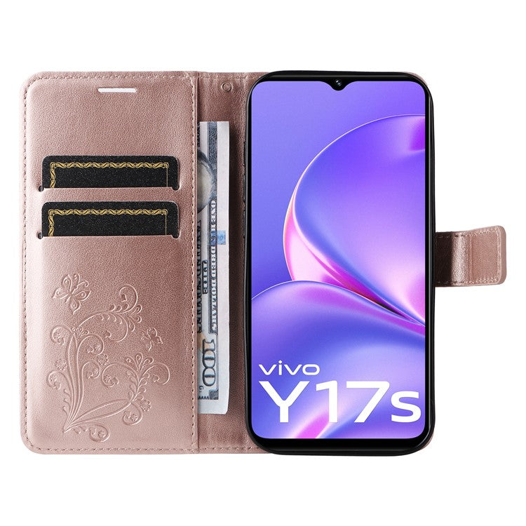 KT Imprinting Flower Series-2 For vivo Y17s 4G Leather Case Wallet Cover Butterfly Pattern - Rose Gold